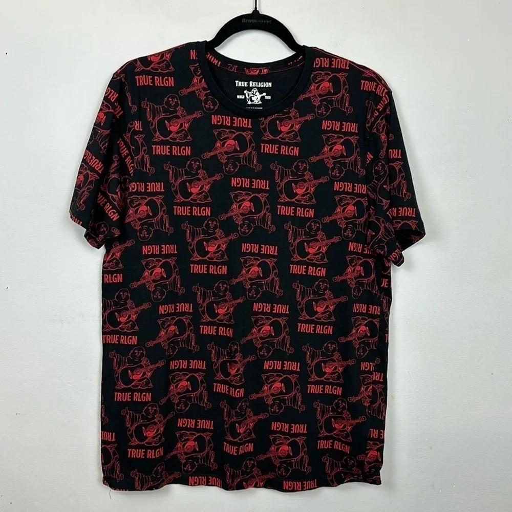 True Religion Buddha Mono Crew Neck Cotton T-shirt in Black/red Sz M